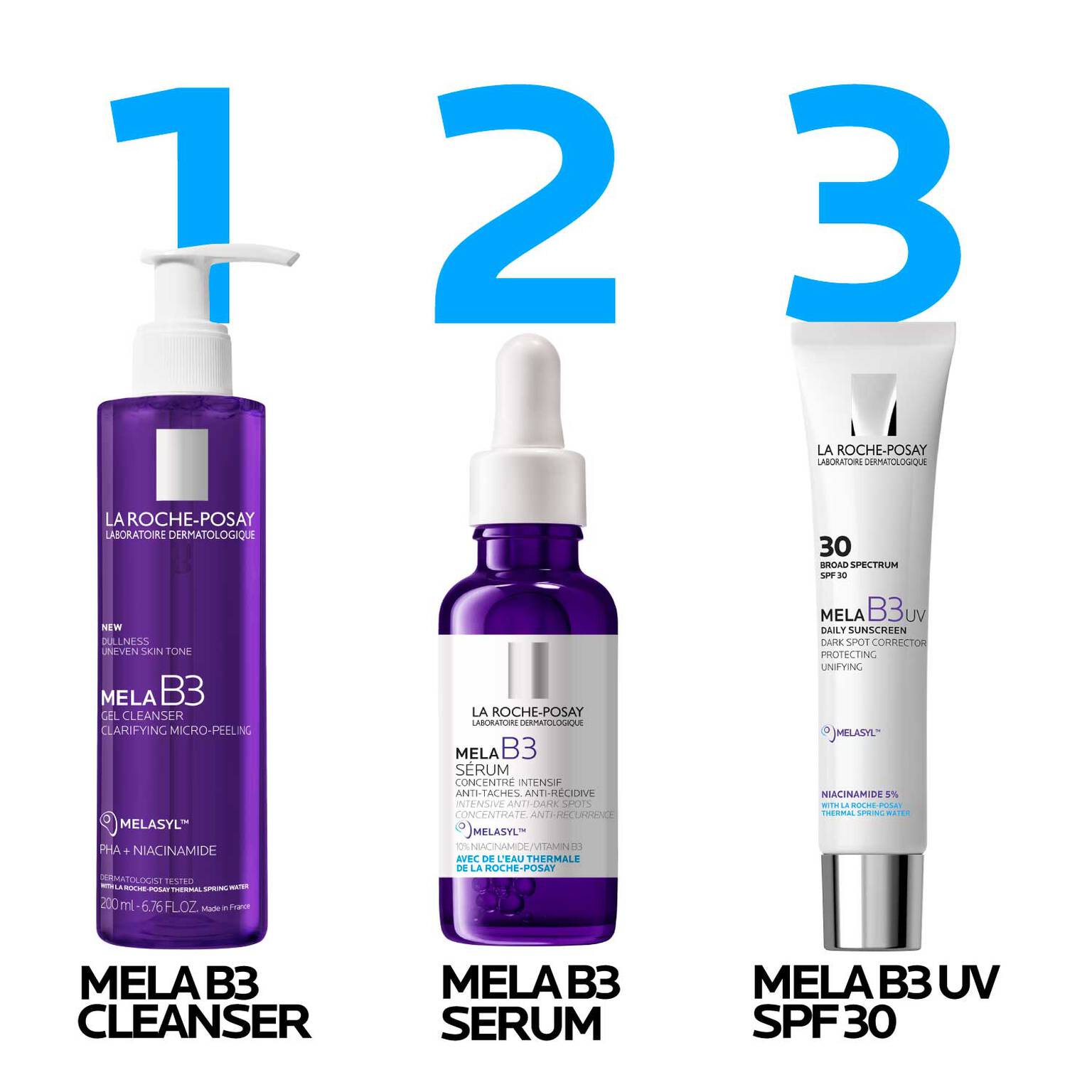 mela-b3-dark-spot-serum-with-melasyltm-niacinamide-p1 LaRochePosay-Product-MelaB3-MelaB3Cleanser-200ml-03337875890069-Routine_1500x1500_REV.jpg